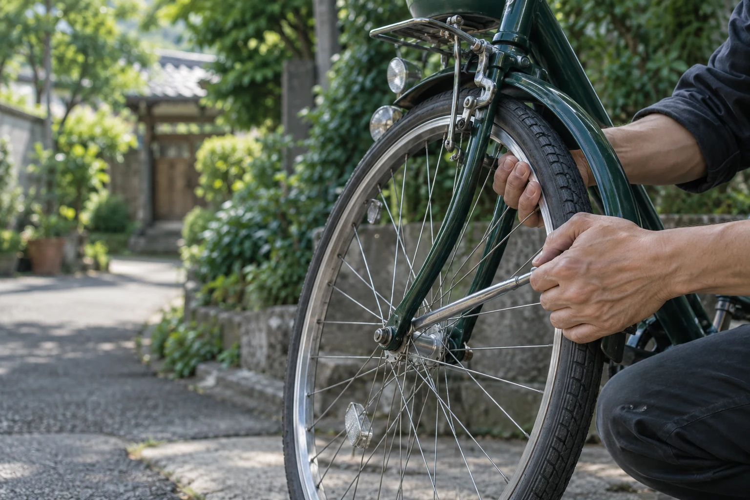 自転車の車輪を丁寧に整備する手元のイメージ